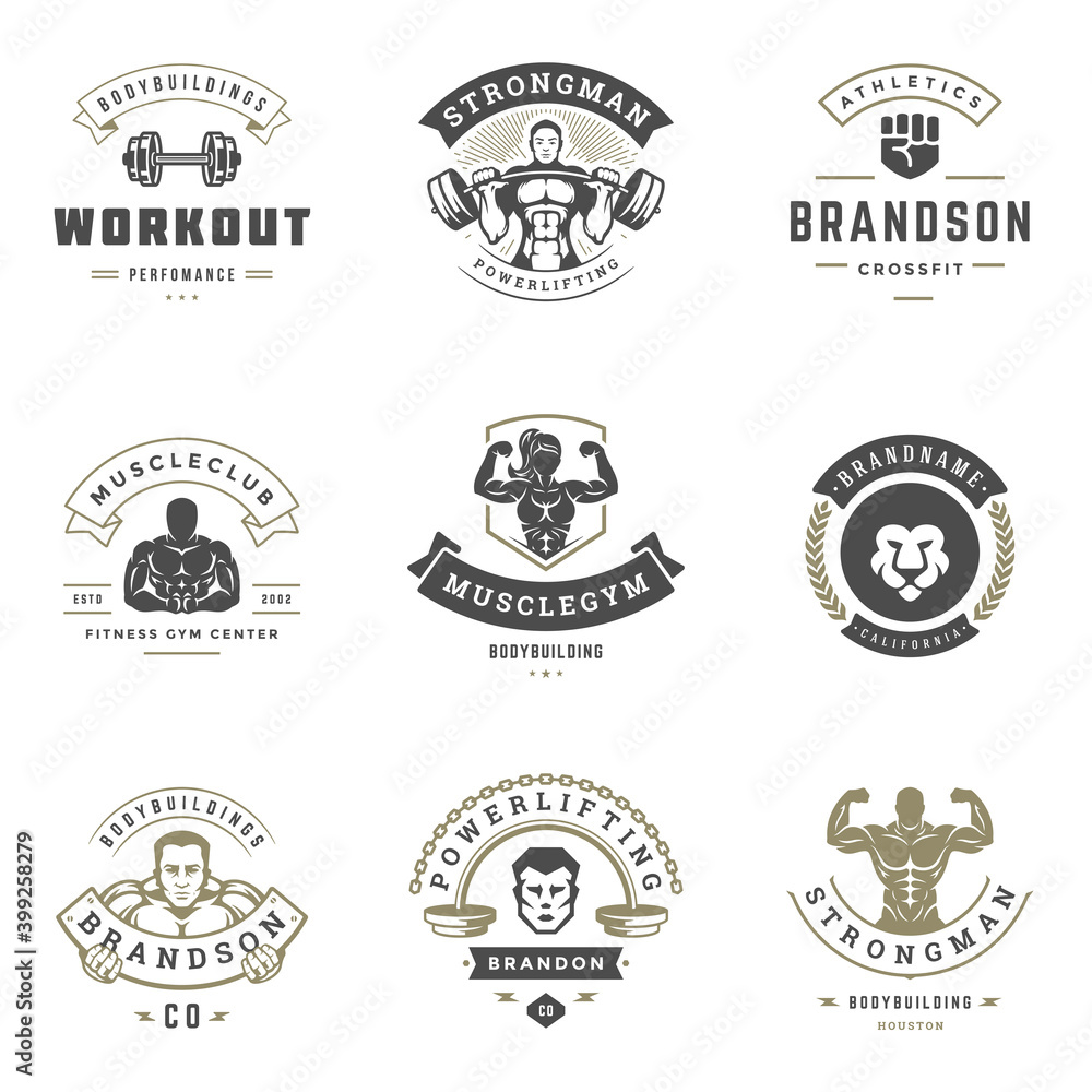 Fototapeta Fitness center and sport gym logos and badges design set vector illustration.