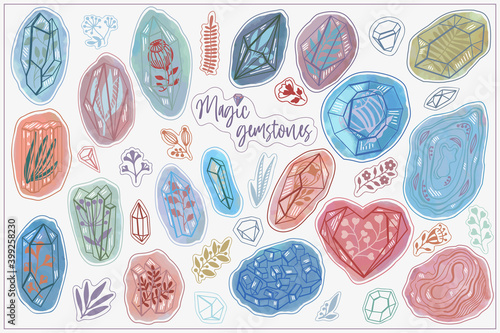 Set of colorful gem stones, quarts, minerals, diamonds, hand drawing graphics, vector illustration. Magic flowers and herbs. A set of stickers.