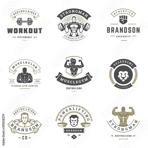 Fitness center and sport gym logos and badges design set vector illustration.