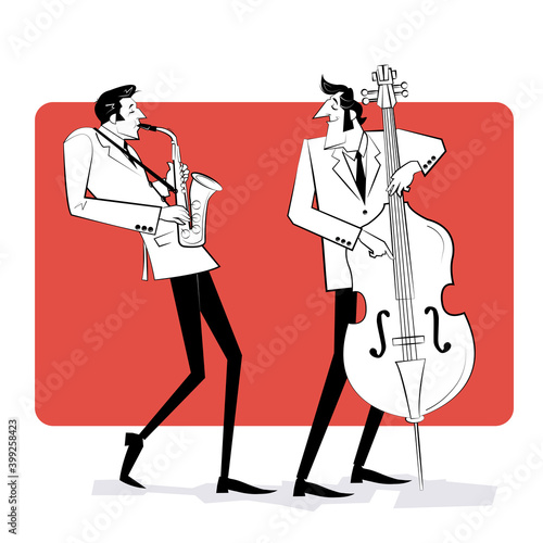 Concept for jazz poster. Two men playing saxophone and double bass on red background. Sketch style illustration.