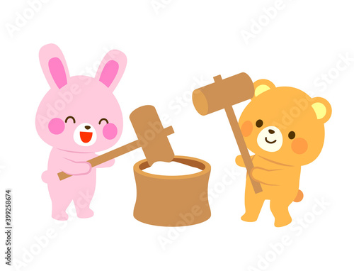 もちつきをする動物のイラスト