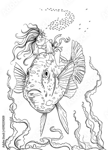 Girl with flowing hair swims sitting on a huge fish and a flock of small fish swims behind her. Vector illustration
