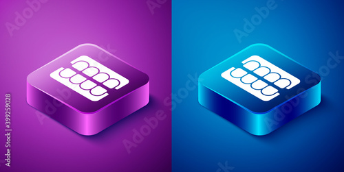 Isometric False jaw icon isolated on blue and purple background. Dental jaw or dentures, false teeth with incisors. Square button. Vector.