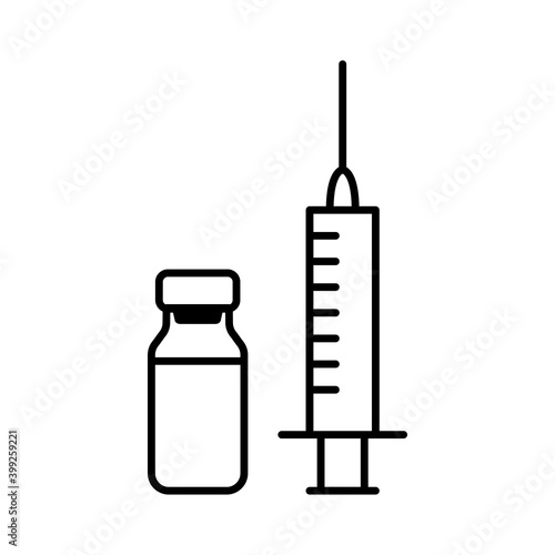 Vaccine Icon. Medical vial for injection and syringe  isolated on white background. Concept for Medicine, COVID-19 Vaccination. Vector Illustration.
