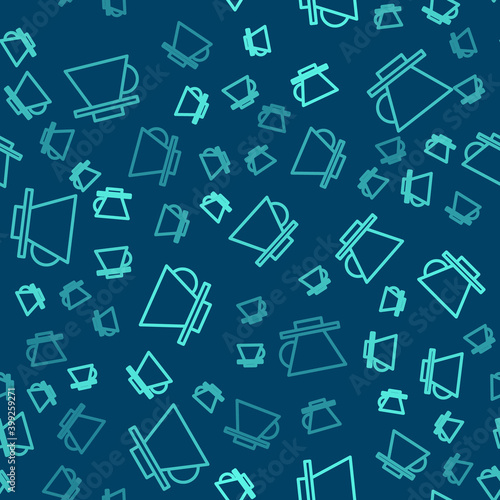Green line V60 coffee maker icon isolated seamless pattern on blue background. Vector Illustration.
