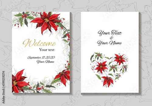 hand-drawn greeting card, an invitation made of flowers isolated on a white background. realistic Botanical bouquets,  of  flowers (poinsettia,  mistletoe, Holly). for postcards, invitations, holidays