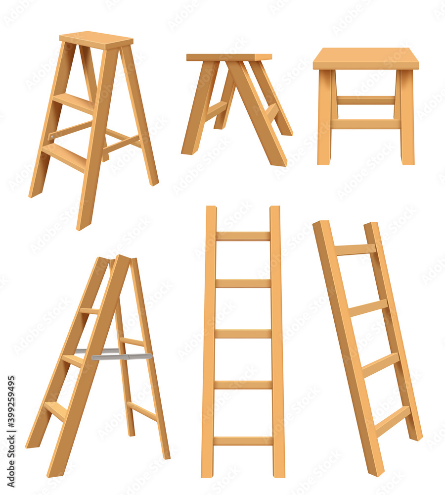 Wooden ladders. Interior household equipment standing on tools for home library step ladder for bookshelf vector realistic illustrations. Stepladder folding, interior comfortable construction Wooden ladders. Interior household equipment standing on tools for home library step ladder for bookshelf vector realistic illustrations. Stepladder folding, interior comfortable construction