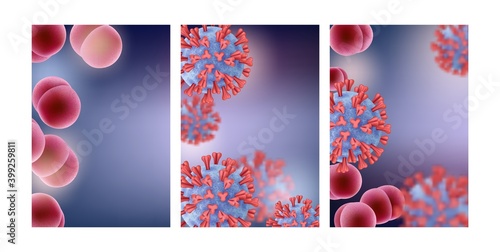Bacteria flyers. Flu, antivirus banners template, realistic germs vector background. Illustration infection banner, virus coronavirus pandemic