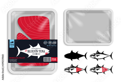 Vector tuna packaging illustration. Flat style seafood label. Tuna fish illustrations. White food tray mockup
