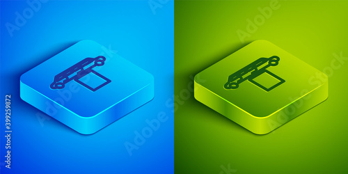 Isometric line Luxury limousine car and carpet icon isolated on blue and green background. For world premiere celebrities and guests poster. Square button. Vector Illustration.