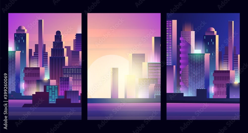 Glow city landscape. Cyberpunk style urban, futuristic neon skyscraper vector banners template. Illustration cityscape modern, panorama urban