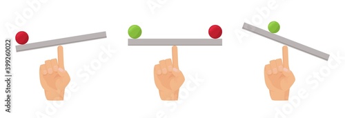 Finger balance. Human hand and seesaw, flat equilibrio desk with ball vector concept. Weight balance comparison, equality weighing by scale illustration