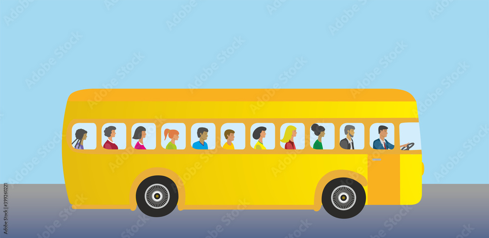 Yellow bus with variation in age, gender and ethnicity among passengers. The image can also be found with red and blue bus and in variant with moutgards on passengers. Vector illustration. EPS10. Yellow bus with variation in age, gender and ethnicity among passengers. The image can also be found with red and blue bus and in variant with moutgards on passengers. Vector illustration. EPS10.