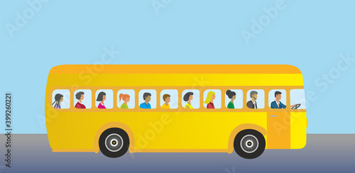 Yellow bus with variation in age, gender and ethnicity among passengers. The image can also be found with red and blue bus and in variant with moutgards on passengers. Vector illustration. EPS10.