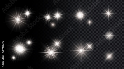 Shine silver stars. Isolated lights, festival party anniversary vector decorative elements collection. Illustration sparkl party, twinkle star glare, glowing bright