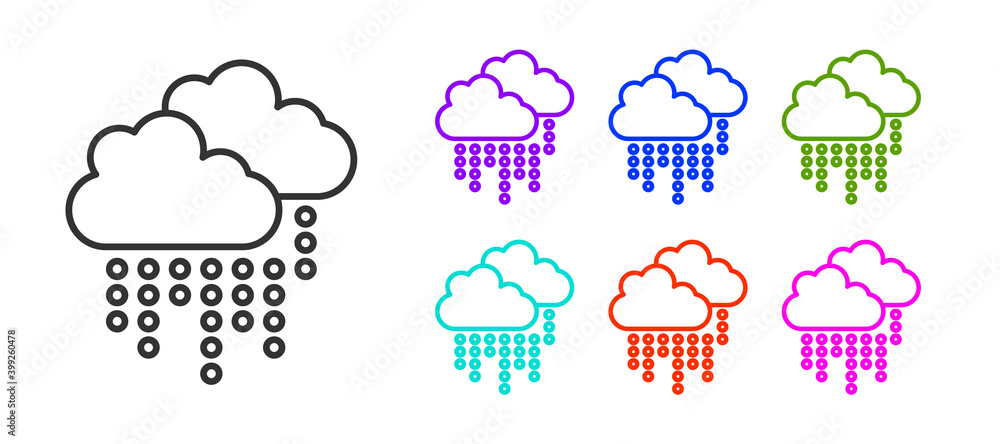 Black line Cloud with rain icon isolated on white background. Rain cloud precipitation with rain drops. Set icons colorful. Vector. Black line Cloud with rain icon isolated on white background. Rain cloud precipitation with rain drops. Set icons colorful. Vector.