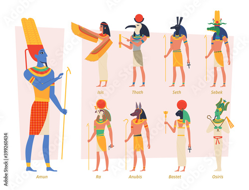 Ancient egypt gods. Pharaoh anubis osiris egyptian people vector authentic exact characters. Religious people, africa famous egypt goddess illustration