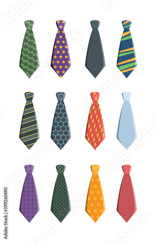 Tie set. Business clothes for man wardrobe tie with pattern garish vector collection, Collection tie accessory wear clothing illustration knot