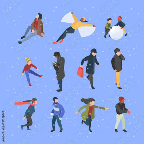 Winter isometric people. Male and female characters in clothes in winter season garish vector illustrations. Female and male activity winter season