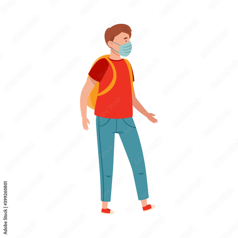 Teenager Boy with Backpack Wearing Medical Face Mask Walking Outdoor Vector Illustration