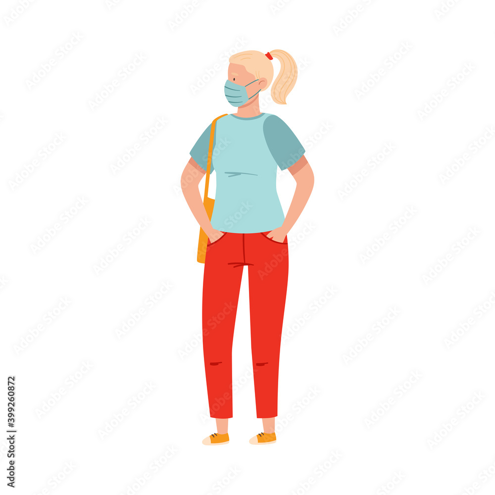 Woman in Protective Face Mask Standing Outdoor Social Distancing Vector Illustration