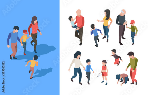 Family walking. Parents playing with kids happy family adolescent person garish vector isometric collection. Family isometric playing with childen illustration