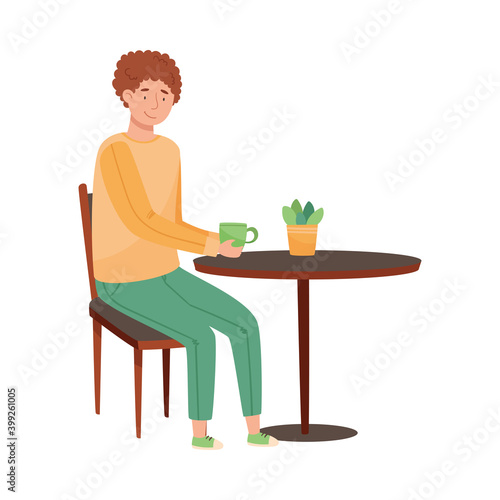 Young Man Sitting at Cafe Table Social Distancing Vector Illustration