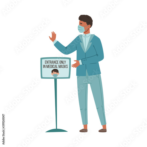 Young African American Man in Medical Mask Standing Controlling Observation of Mask Mandate Before Entry Vector Illustration
