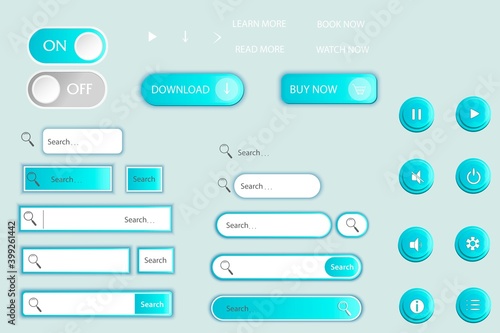 Set of buttons, www search bar. Turn on turn off .. Magnifier icon for interface, website, application. Application interface template. Isolated with shadow. Vector illustration.
