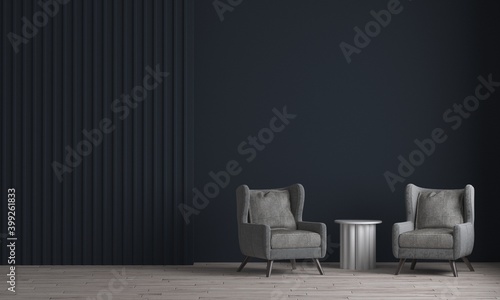 The modern cozy interior design and mock up furniture of living room and black wall texture background