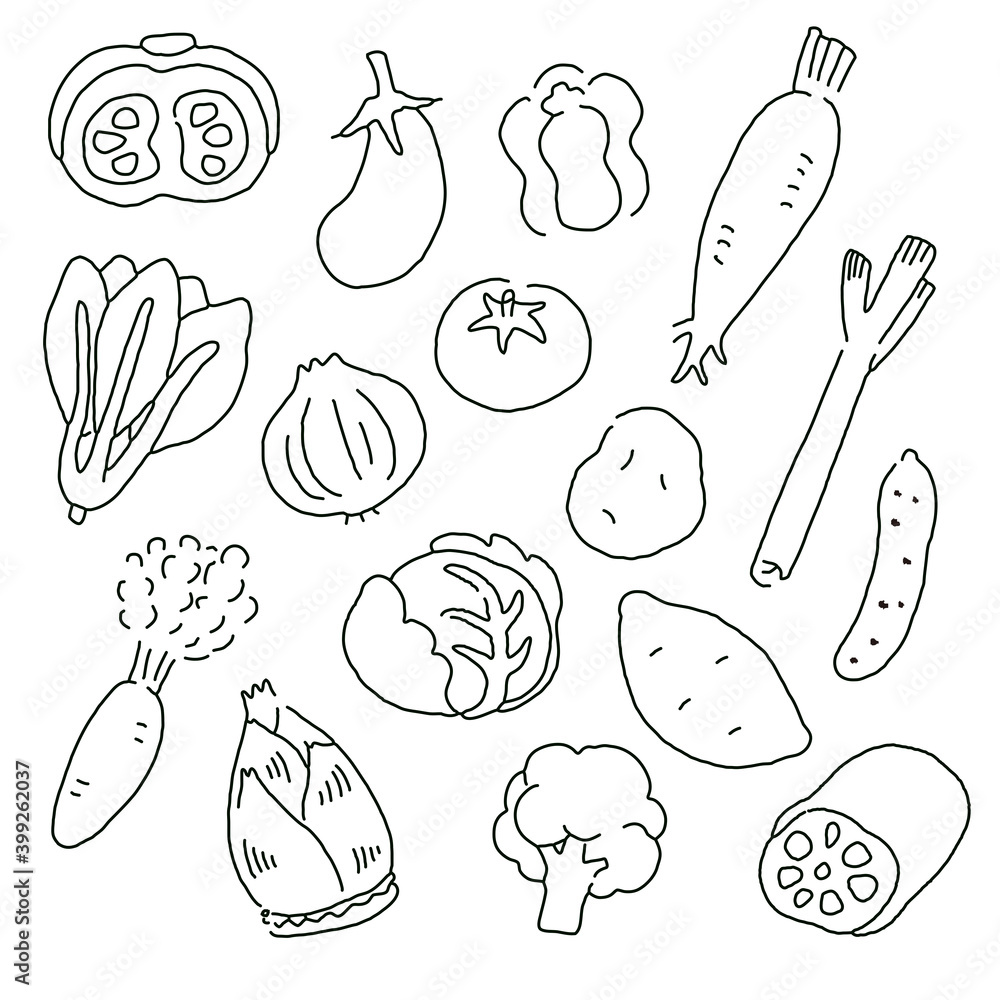 手書き風野菜の線画イラストセット 手書き風野菜の線画イラストセット