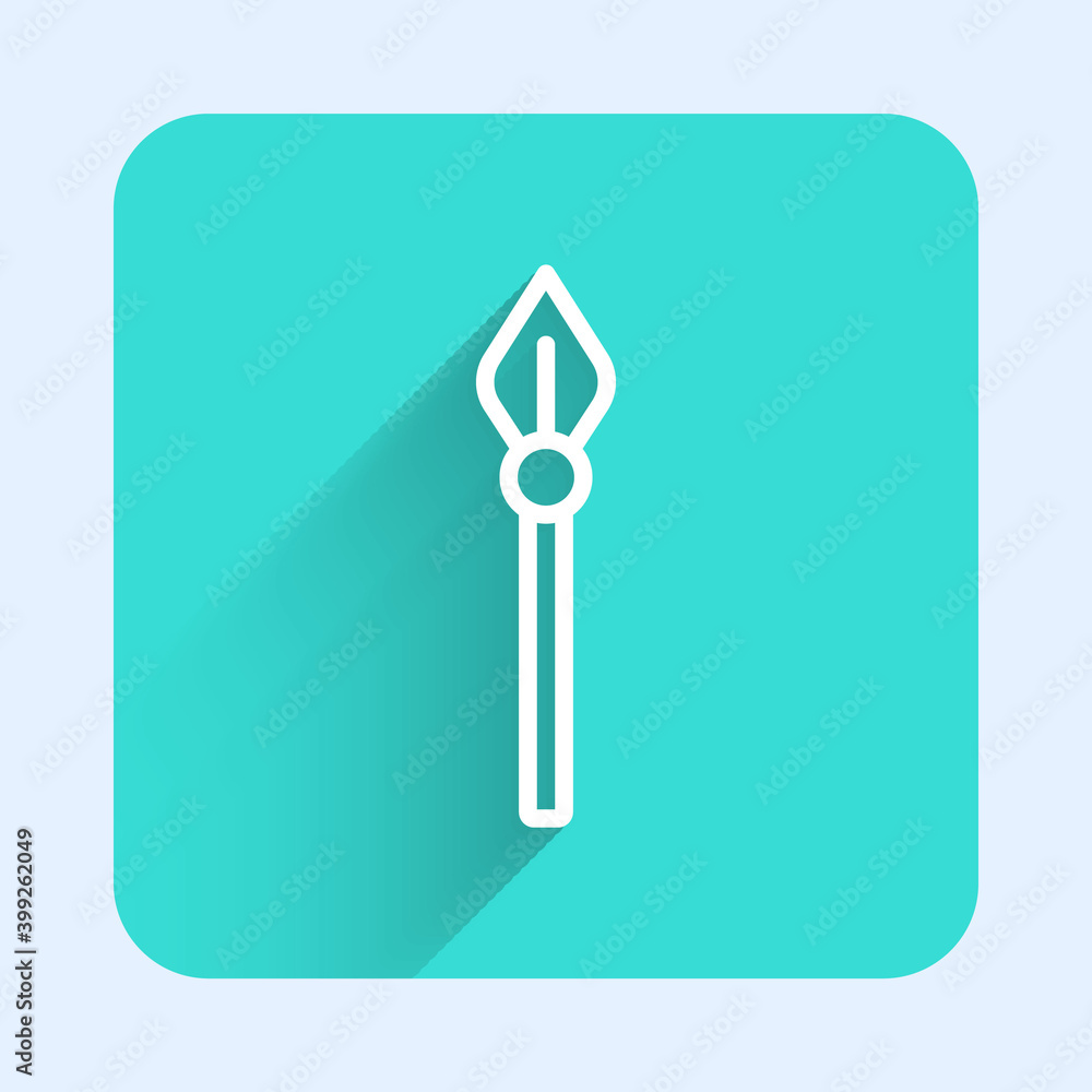 White line Medieval spear icon isolated with long shadow. Medieval weapon. Green square button. Vector. White line Medieval spear icon isolated with long shadow. Medieval weapon. Green square button. Vector.