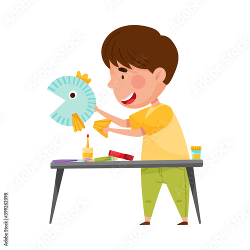 Inventive Boy Engaged in Upcycling Reusing Recyclable Material Vector Illustration