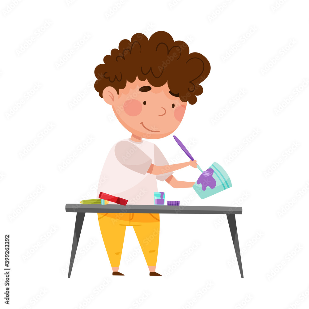 Creative Boy Crafting at Desk Painting Used Paper Cup Vector Illustration Creative Boy Crafting at Desk Painting Used Paper Cup Vector Illustration