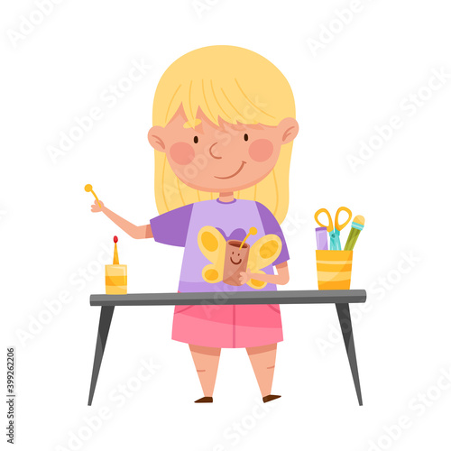 Inventive Girl Engaged in Upcycling Reusing Recyclable Material Vector Illustration