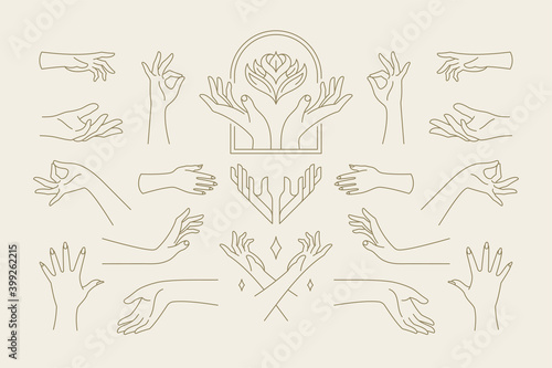 Female hands gestures collection of line art hand drawn style vector illustrations.