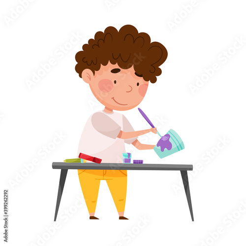 Creative Boy Crafting at Desk Painting Used Paper Cup Vector Illustration