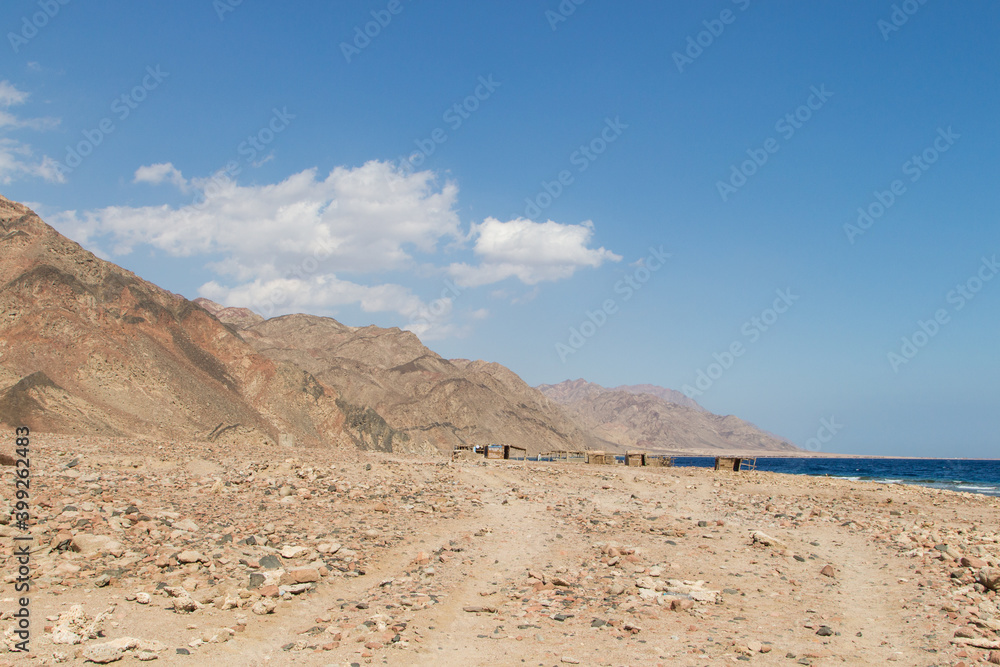 The coastline of the Red Sea and the mountains in the background. Egypt, the Sinai Peninsula.