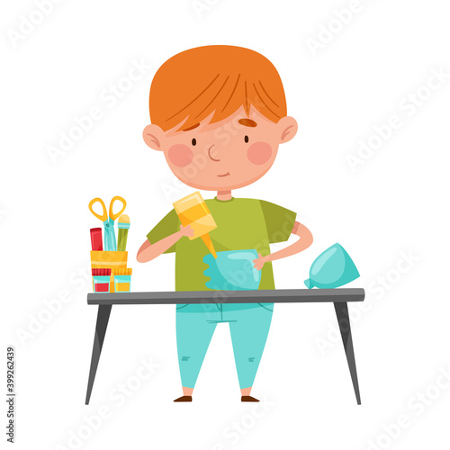 Little Boy Modeling from Disposable Plastic Bottle Sticking with Glue Vector Illustration