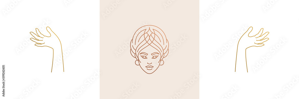 Vector line feminine decoration design elements set - female face and gesture hands illustrations minimal linear style Vector line feminine decoration design elements set - female face and gesture hands illustrations minimal linear style