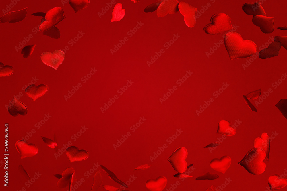 Background with falling red hearts, festive frame