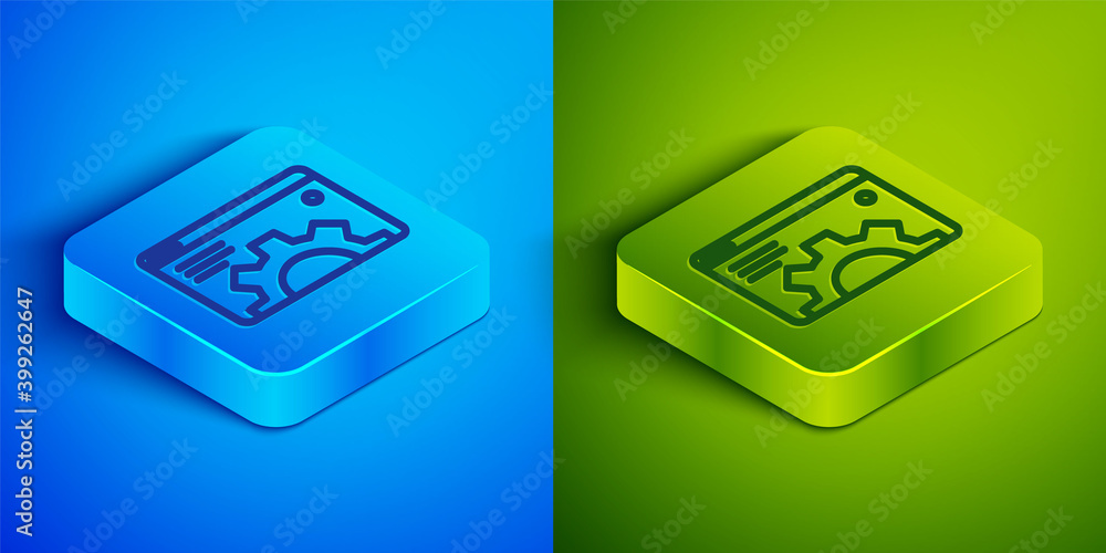 Isometric line Browser setting icon isolated on blue and green background. Adjusting, service, maintenance, repair, fixing. Square button. Vector. Isometric line Browser setting icon isolated on blue and green background. Adjusting, service, maintenance, repair, fixing. Square button. Vector.