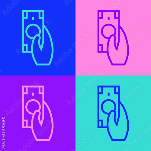 Pop art line Fast payments icon isolated on color background. Fast money transfer payment. Financial services, fast loan, time is money, cash back concept. Vector.