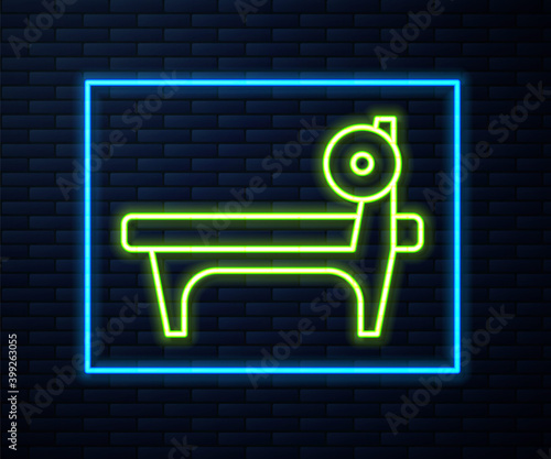 Glowing neon line Bench with barbel icon isolated on brick wall background. Gym equipment. Bodybuilding, powerlifting, fitness concept. Vector.