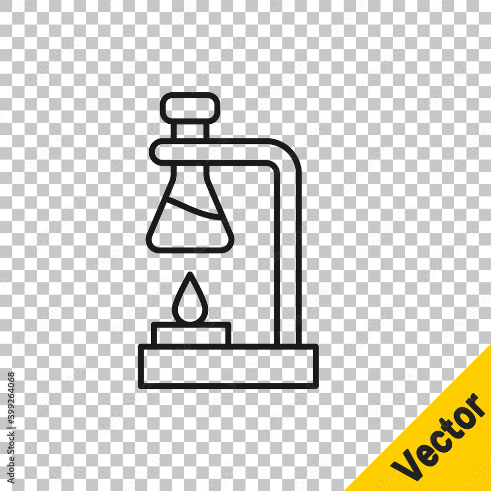 Black line Glass test tube flask on fire heater experiment icon isolated on transparent background. Laboratory equipment. Vector. Black line Glass test tube flask on fire heater experiment icon isolated on transparent background. Laboratory equipment. Vector.