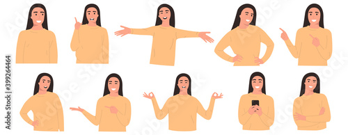 Set of illustrations of one girl with different emotions and gestures