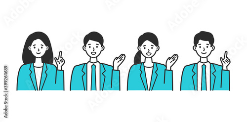 Pointing businessman and woman in suits.