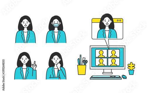 Smiling businesswoman in suits. Different facial expressions set. Isolated vector illustration icons set.