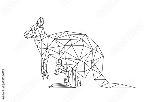Isolated kangaroo and cub in low poly style on white background. A polygonal illustration of an marsupial animal consisting of triangles. Geometric design for printing on clothes or poster. Vector