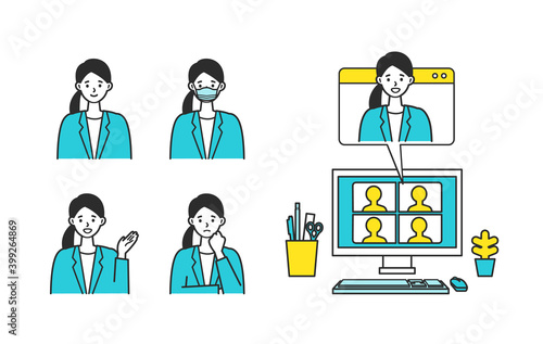 Smiling businesswoman in suits. Different facial expressions set. Isolated vector illustration icons set.